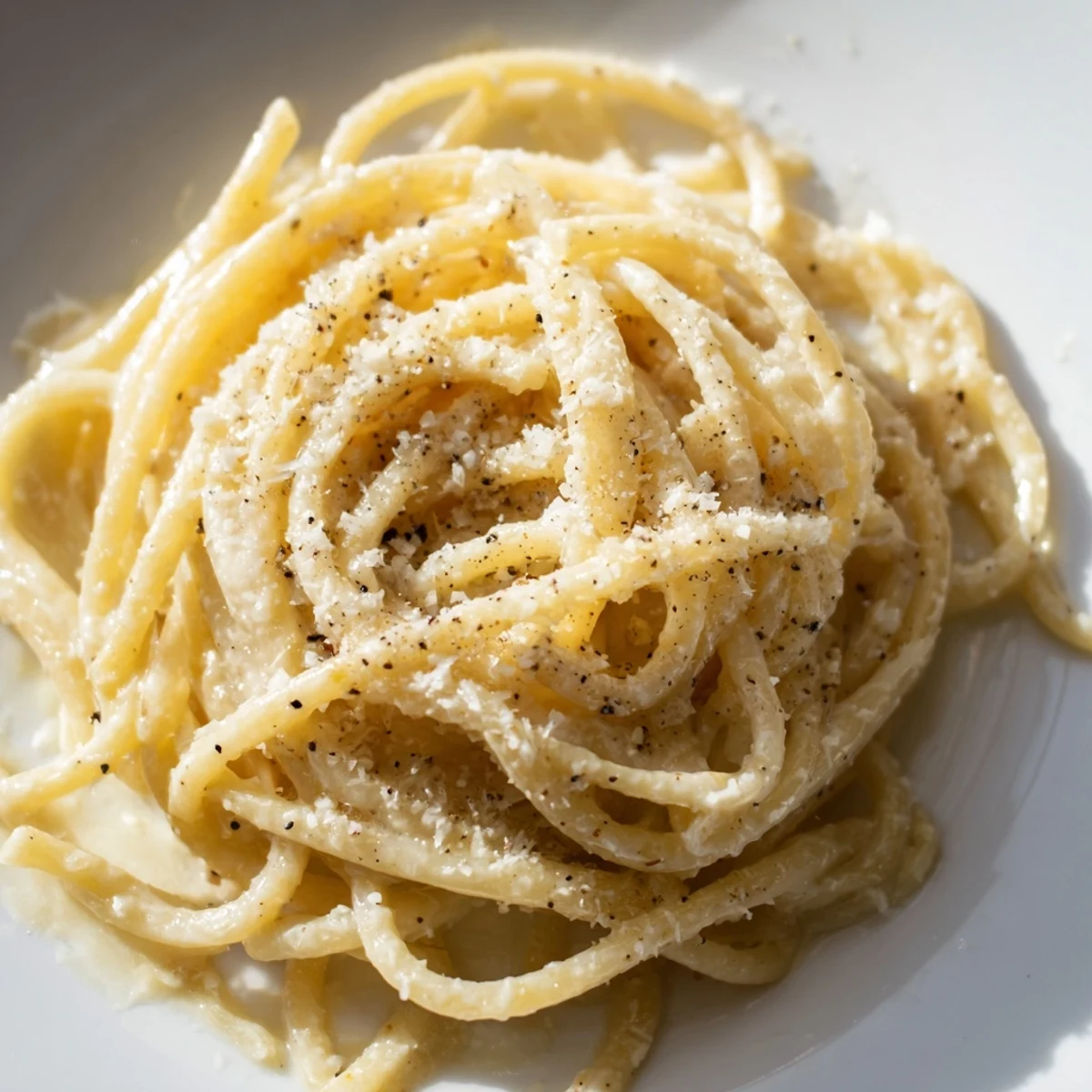 Steaming bowl of Lazy Girl Three-Ingredient Pasta, glistening with melted butter and Parmesan cheese.