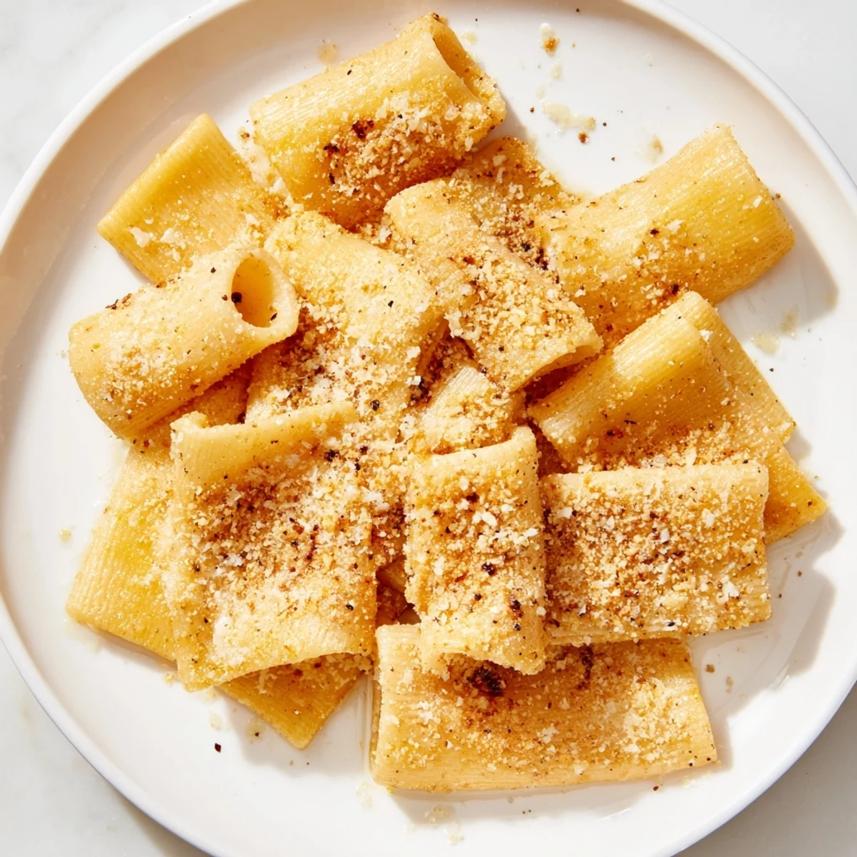 Close-up of golden brown pasta chips, seasoned with Parmesan, ready for dipping and enjoying.