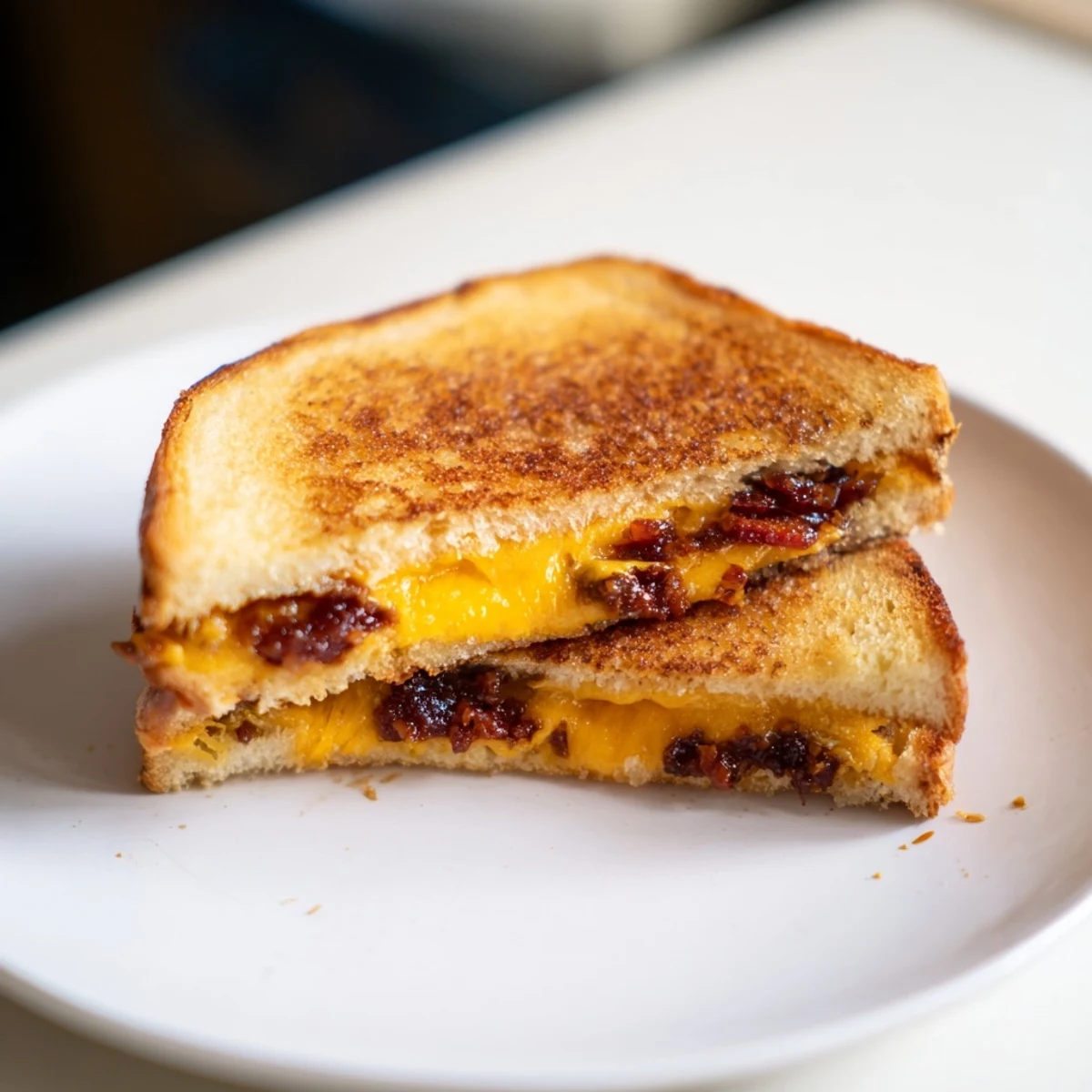 Golden, bubbly Bacon Jam Grilled Cheese oozing with melted cheddar and Gruyère on toasted bread.