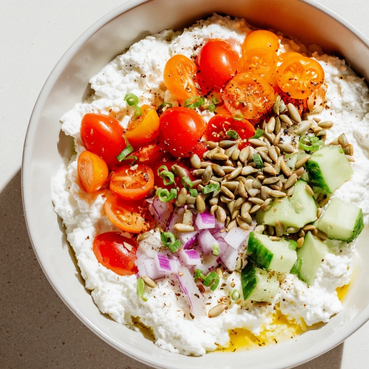 A vibrant cottage cheese snack bowl with fresh vegetables, sunflower seeds, and a drizzle of olive oil.