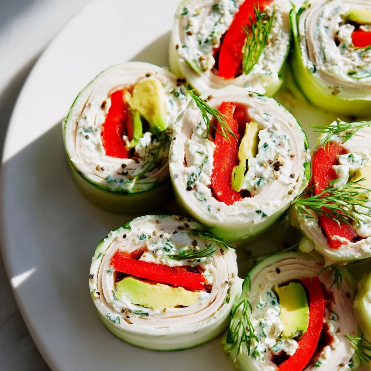 Freshly made Cucumber Roll-Ups showcasing chilled deli meat and creamy filling for a snack.