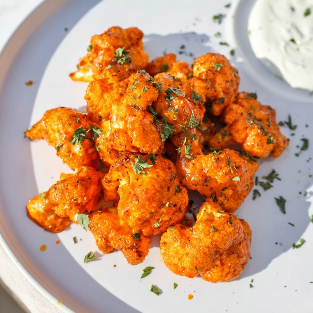 Golden and crispy Buffalo Cauliflower Bites, seasoned to perfection and ready to enjoy as a snack.