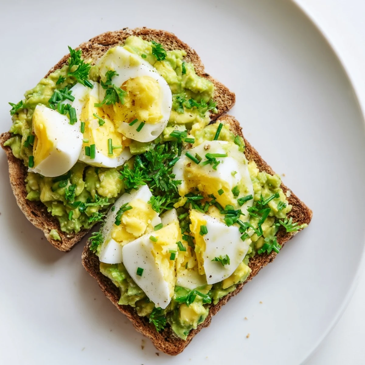 Fresh Avocado Egg Smash, featuring vibrant herbs, served on warm, golden-brown toast.