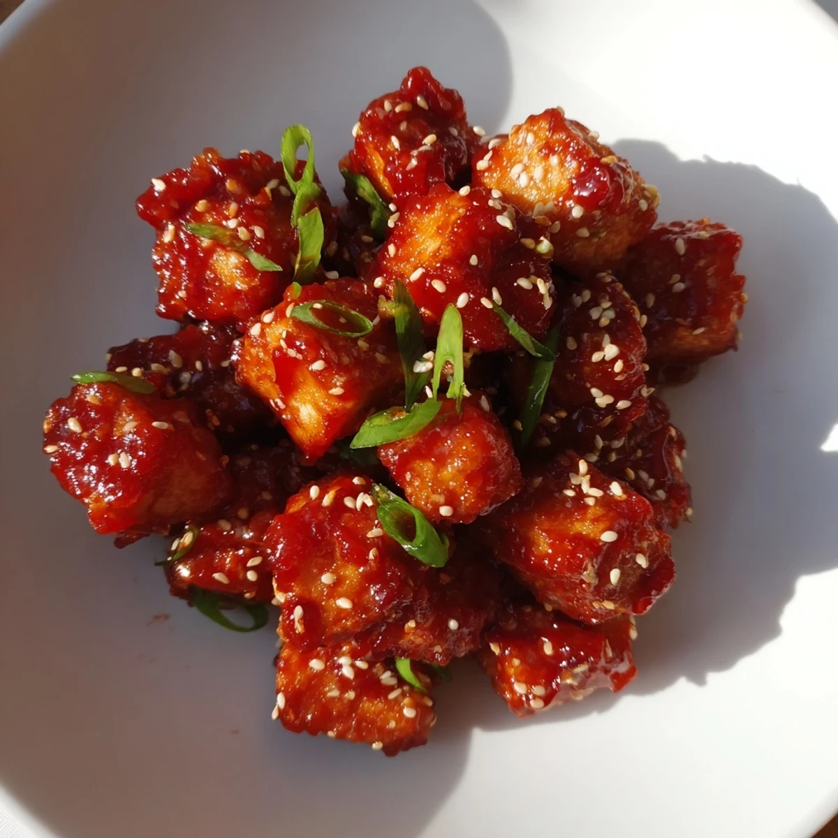 Crispy Honey Gochujang Tofu glistening in a sweet and spicy sauce, ready for serving.