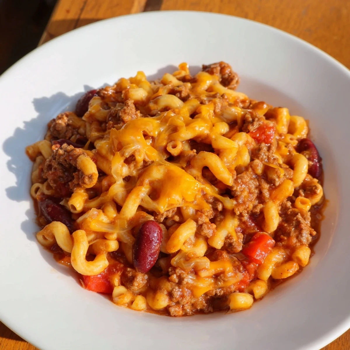 Close-up of bubbling One-Pot Chili Mac, a comforting, flavorful meal perfect for chilly evenings.
