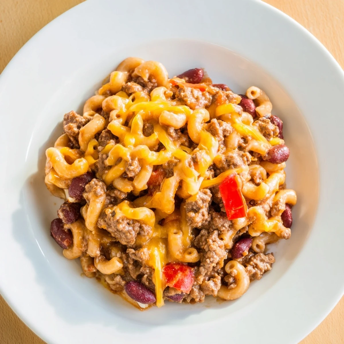 Creamy, cheesy One-Pot Chili Mac with tender elbow macaroni, ready to be served and enjoyed.