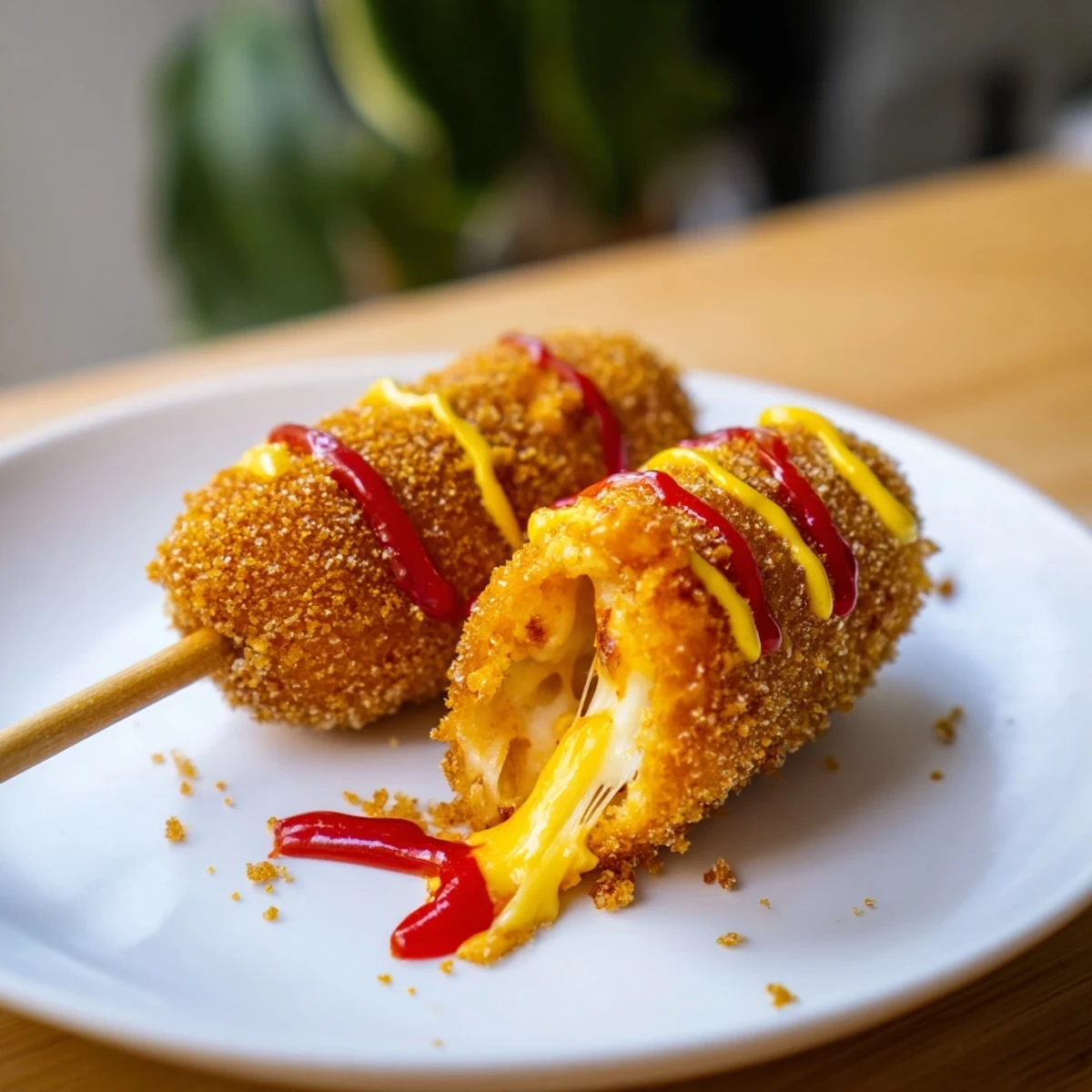 Golden fried Cheesy Korean Corn Dogs are ready to serve with a drizzle of ketchup and mustard.