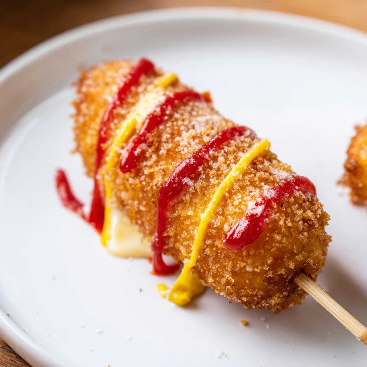 A close-up captures the irresistible melted cheese pull from a freshly fried Korean corn dog.