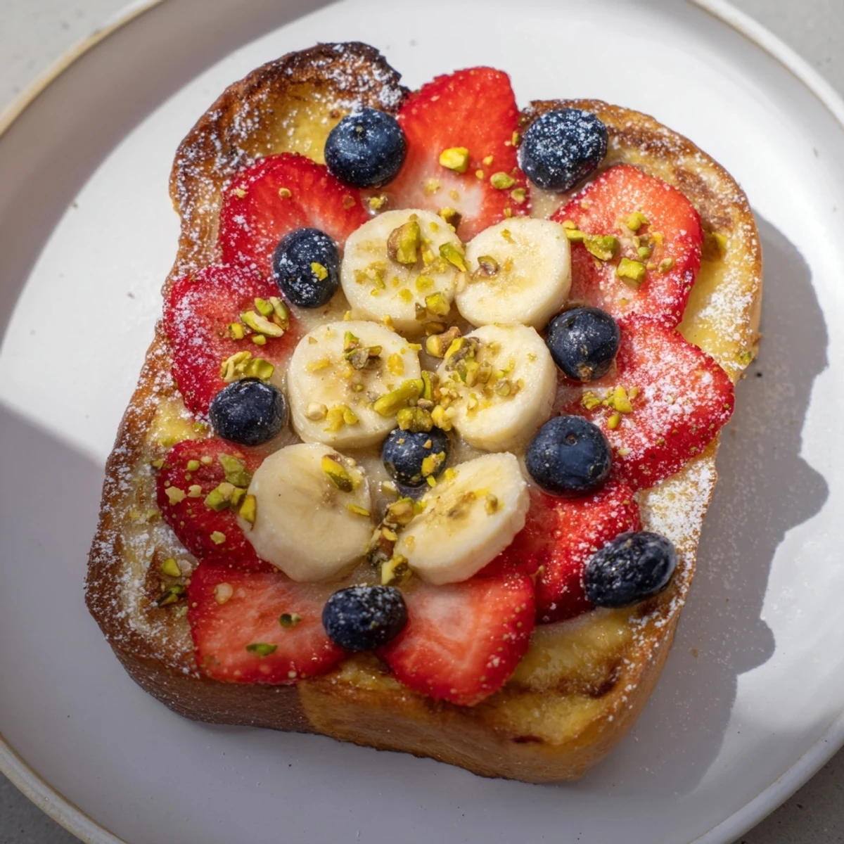 Delicious, homemade yogurt toast: a sweet breakfast with a custard filling and ripe banana slices.
