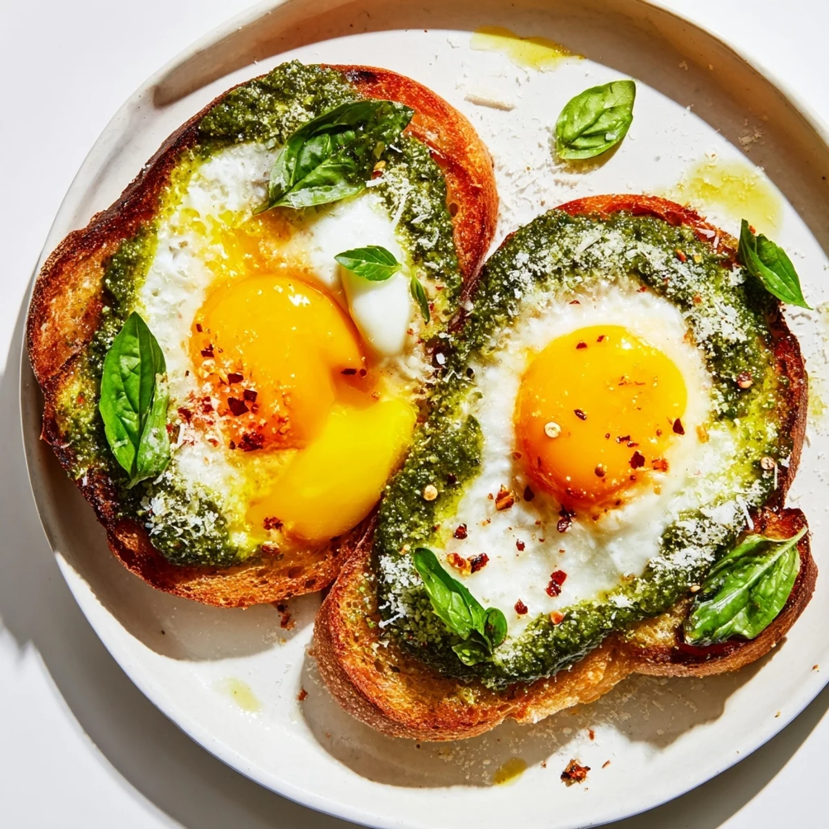 Golden, crispy pesto egg toast topped with perfectly jammy eggs, ready for breakfast.