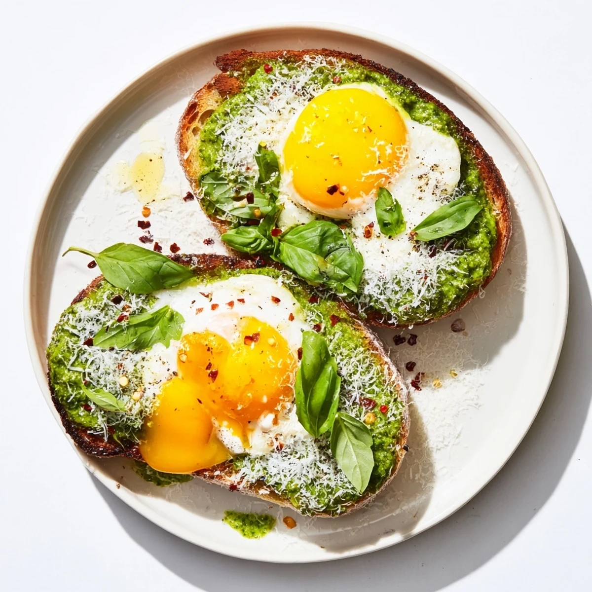Freshly made pesto coats toasted bread, creating delicious pesto egg toast with vibrant flavor.