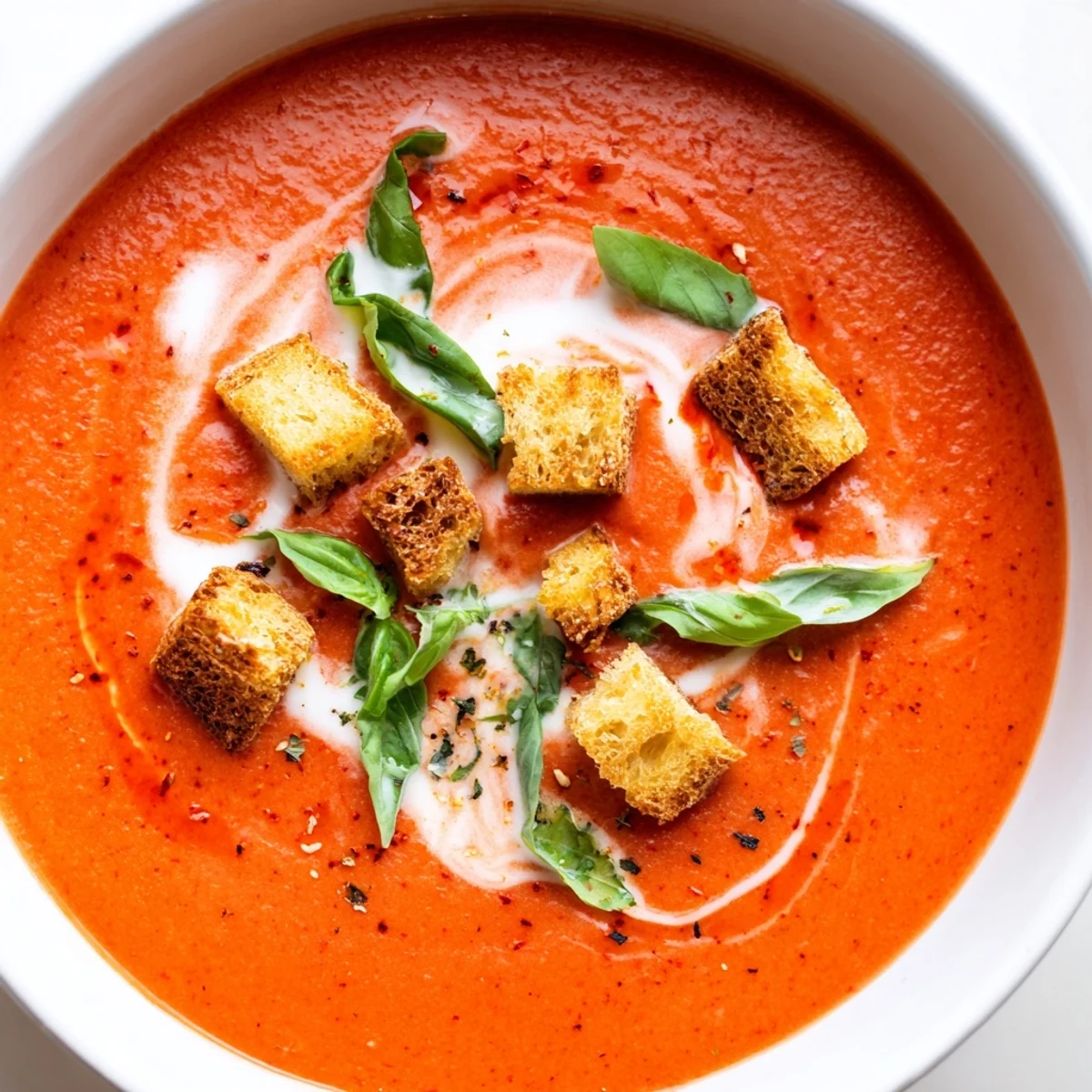 Rich, velvety Creamy Roasted Garlic Tomato Soup with a swirl of cream, perfect comfort food.