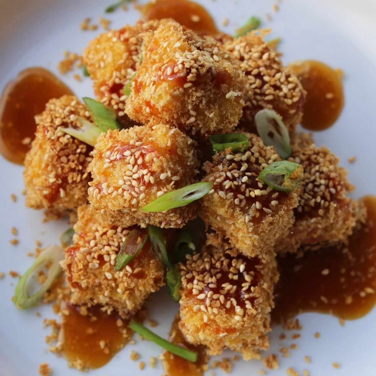 Golden, crunchy Honey Sriracha Tofu Nuggets glistening with a sweet and spicy sauce await you.
