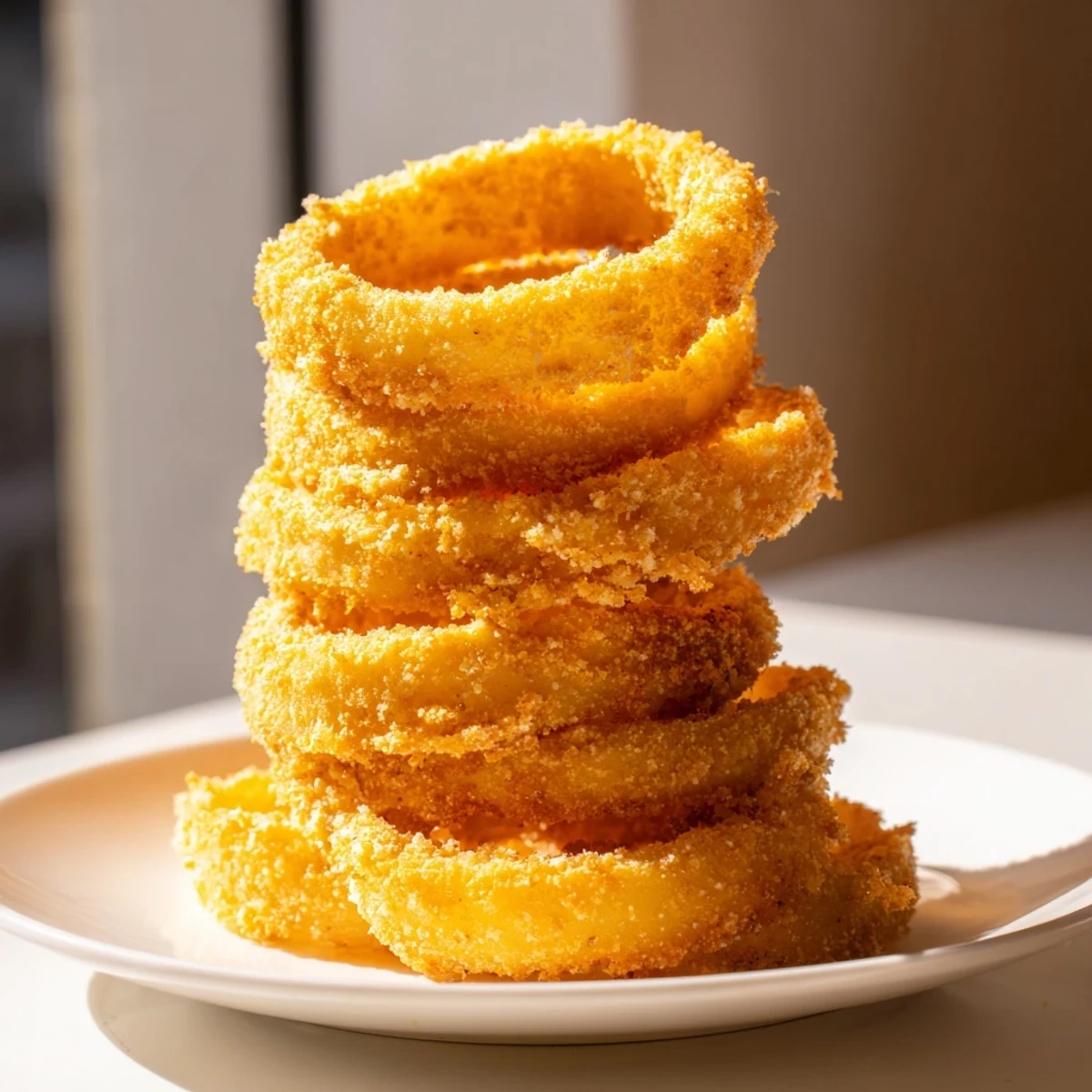 Crispy Onion Ring Tower: a towering stack of golden, crunchy rings ready for dipping in creamy sauce.