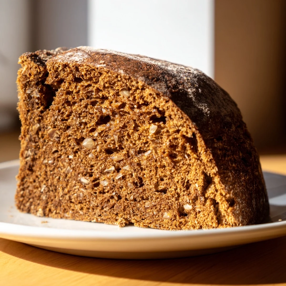 Crusty Latvian Rupjmaize bread, studded with caraway seeds, ready to be sliced for a sandwich.