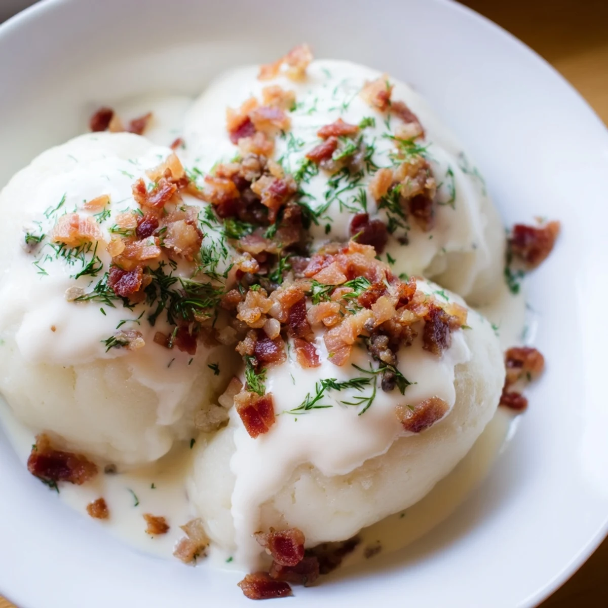 A close-up of a plate with fluffy Lithuanian Cepelinai, topped with crispy bacon and sour cream.