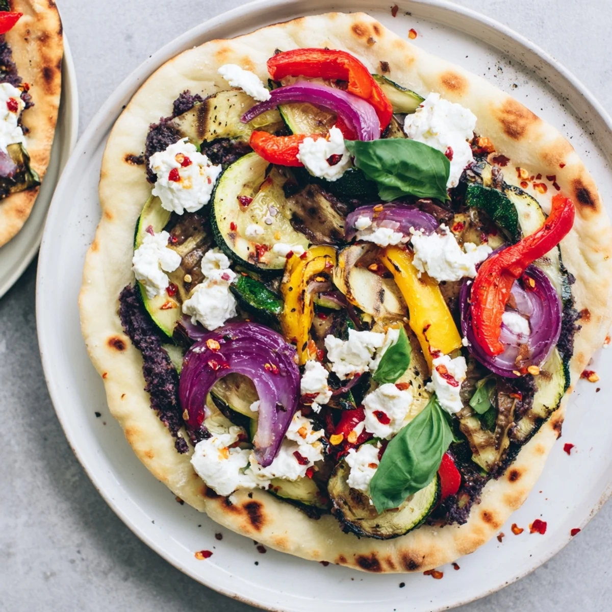 Naan bread pizza with vibrant roasted vegetables and creamy feta, a Mediterranean delight.