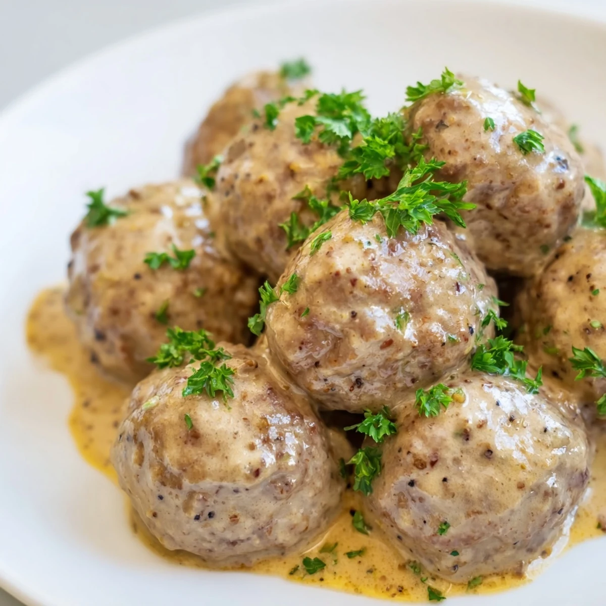 A plate of warm Swedish Meatballs, deliciously tender and coated in a rich, flavorful gravy.