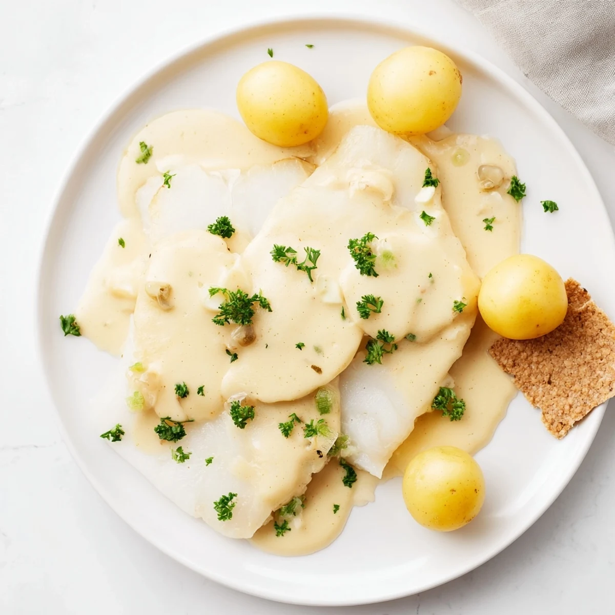 A plate of Norwegian Lutefisk, baked to perfection and paired with mustard sauce and potatoes.