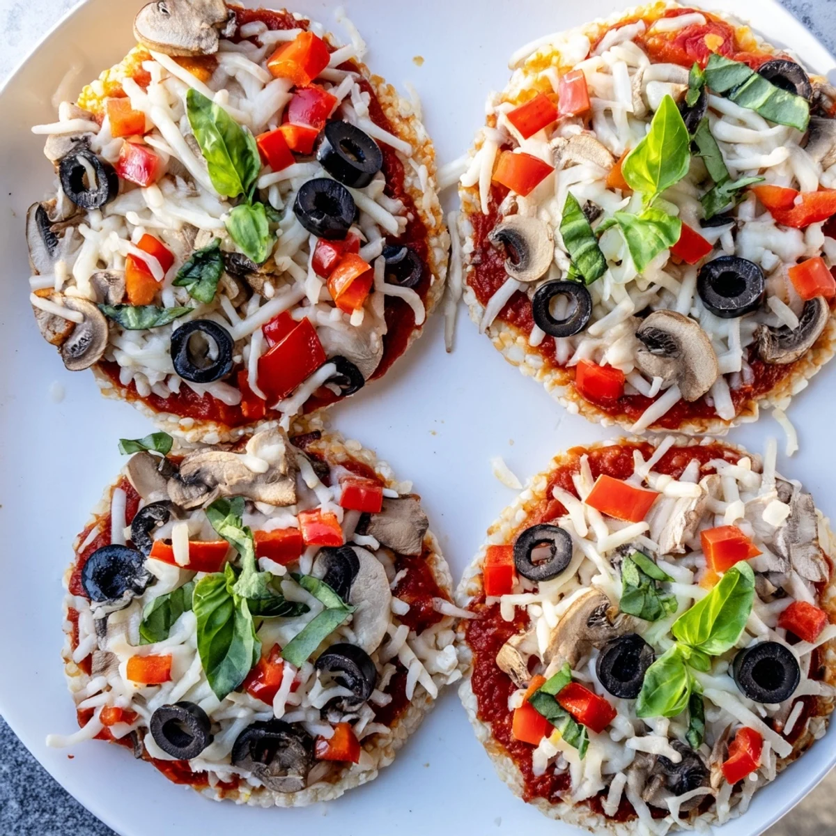 A close-up of delicious Rice Cake Pizza Squares, featuring bubbly cheese and colorful vegetables, perfect snack.