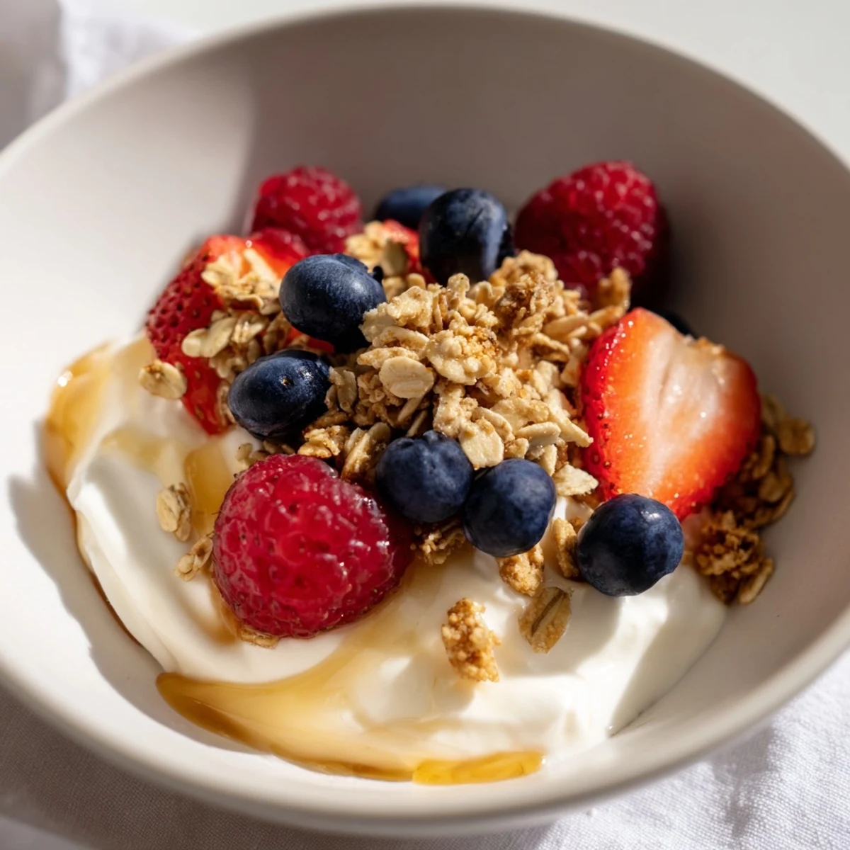 Cottage Cheese Hot Honey Bowl: a delightful view of creamy cottage cheese with hot honey and berries, ready to eat.