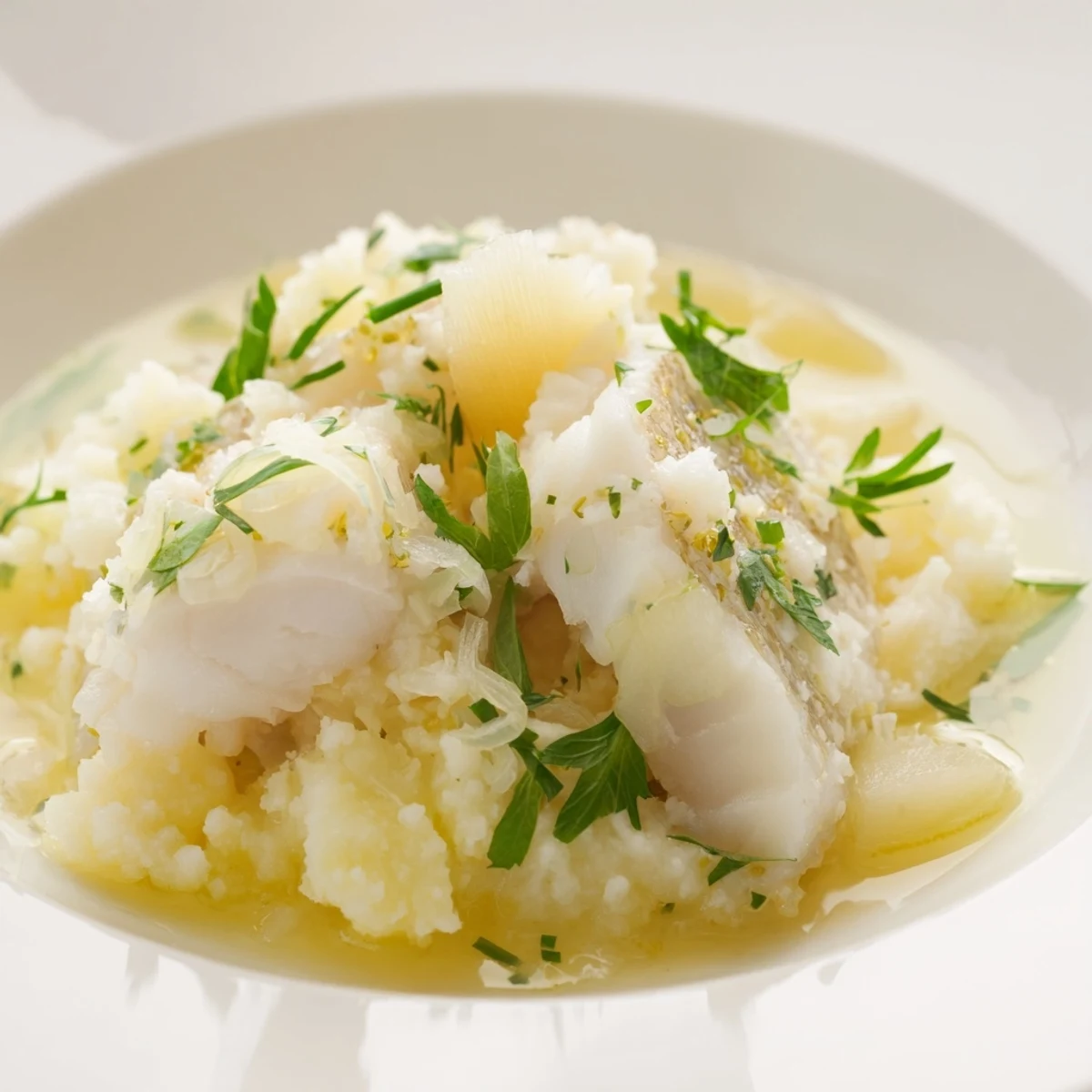 A steaming bowl of Icelandic Fish Stew, showcasing flaky white fish and fresh green herbs.