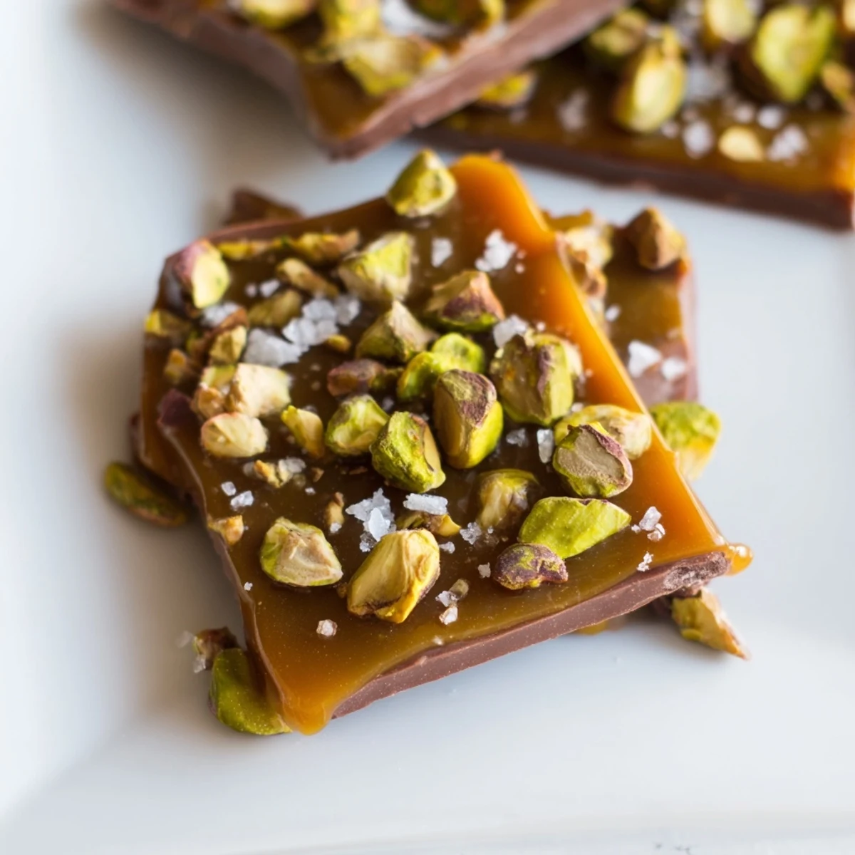 Delectable Pistachio Salted Caramel Bark, showcasing brittle caramel atop rich dark chocolate scattered with nuts.