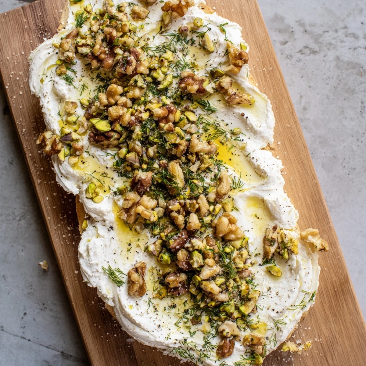 Creamy Flavored Butter Board with nuts, herbs, and honey, ready to serve with bread.