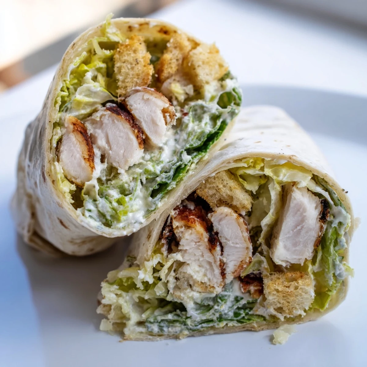 A Caesar Chicken Salad Wrap, sliced to show layered romaine, parmesan, and creamy dressing inside.