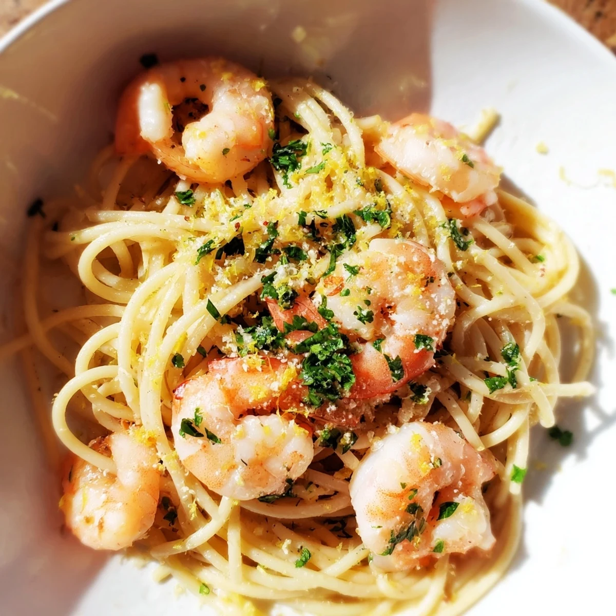 Freshly cooked Garlic Butter Shrimp Linguine in a white bowl, showcasing plump pink shrimp coated in a glossy, rich garlic butter sauce.