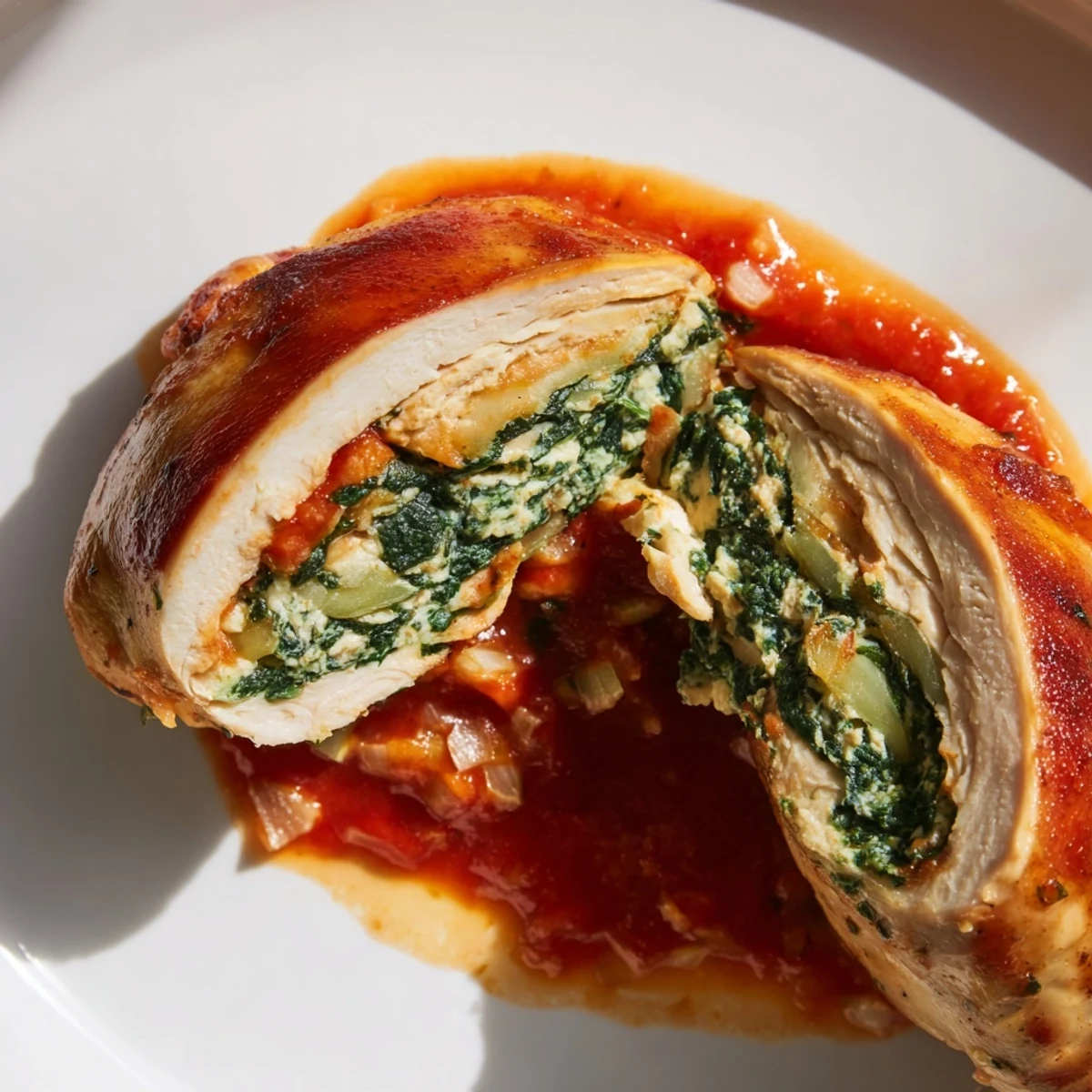 A skillet of Spinach Ricotta Stuffed Chicken, topped with fresh basil, paired with crusty bread.