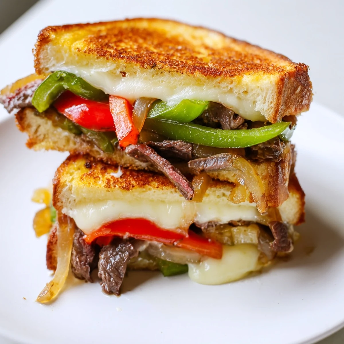 A close-up of a toasted Philly Cheesesteak Grilled Cheese, showcasing juicy steak strips, onions, and peppers tucked inside the crispy crust.