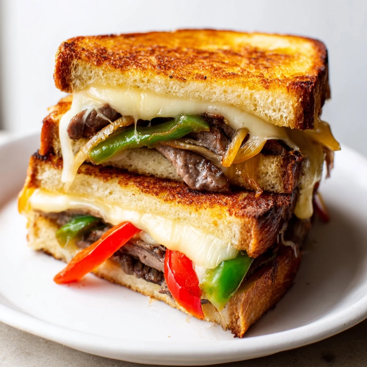 Half-eaten Philly Cheesesteak Grilled Cheese on a rustic wooden board, revealing the gooey provolone and savory filling inside.