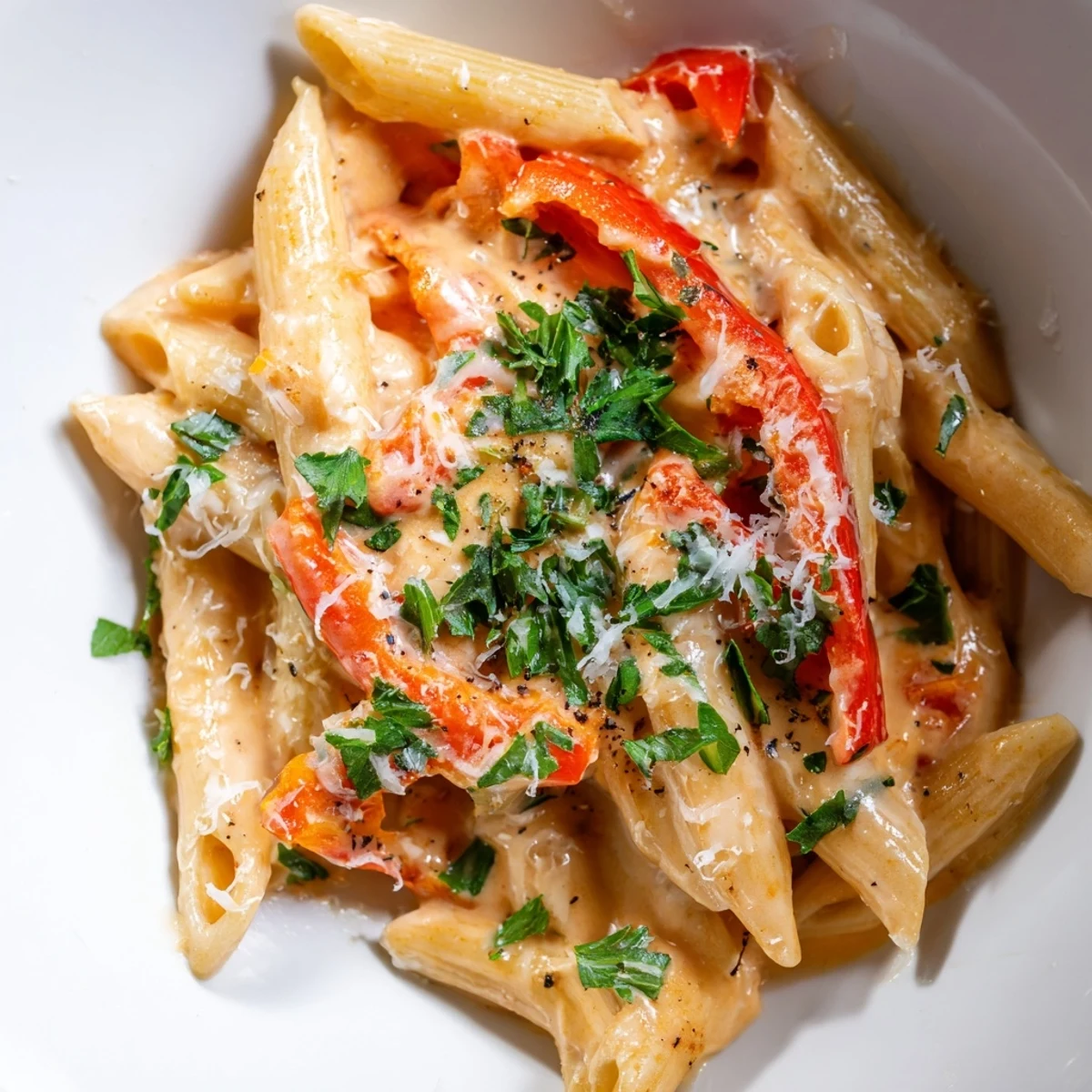 Steaming bowls of creamy Cajun pasta with roasted red bell peppers and fresh parsley garnish.