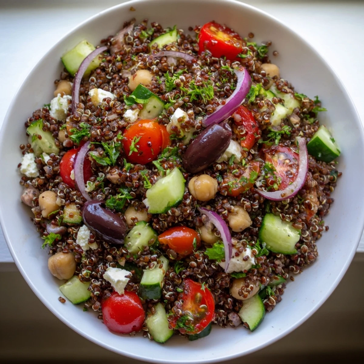 Colorful Greek Power Salad in a white bowl, drizzled with red wine vinaigrette and garnished with parsley.