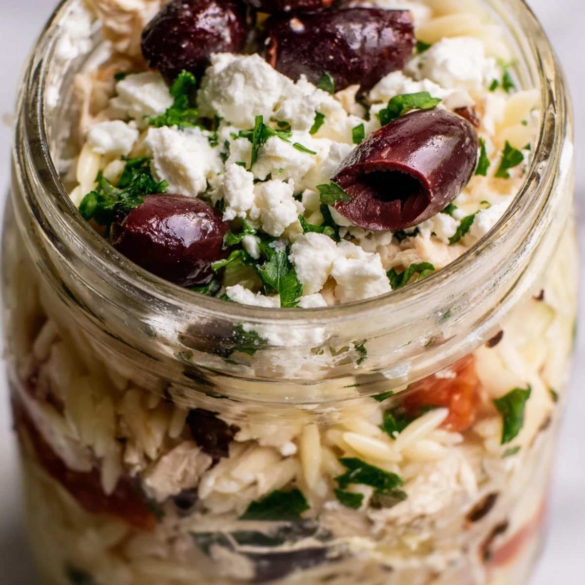 Golden grilled chicken pieces and briny Kalamata olives top the Greek Pasta Chicken Salad Jars, perfect for a healthy meal prep lunch on the go.