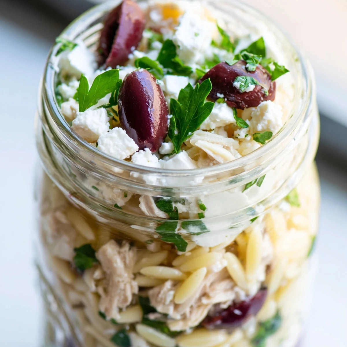 Vibrant red bell peppers and fresh parsley garnish the Greek Pasta Chicken Salad Jars, showcasing the colorful Mediterranean ingredients inside.