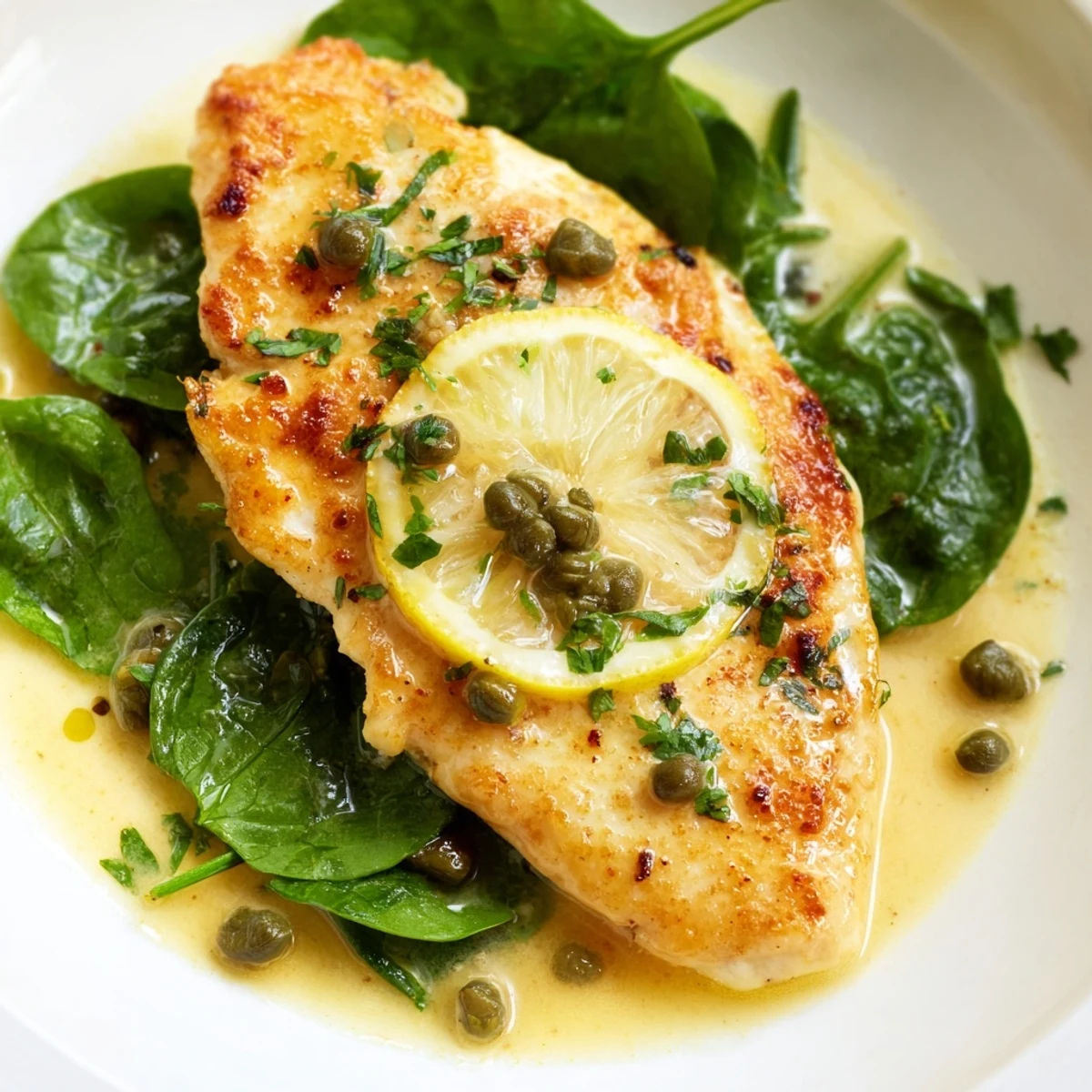 Slice of juicy Spinach Lemon Butter Chicken topped with a bright lemon-butter sauce and fresh parsley served alongside spinach on a white plate for easy dining.
