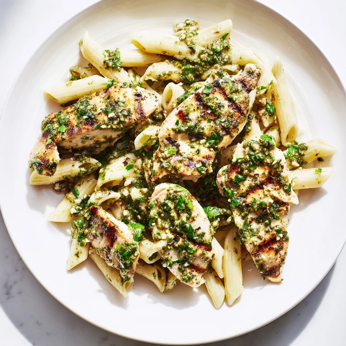 Freshly grilled chicken slices rest atop al dente penne noodles, generously coated in a vibrant, herby chimichurri sauce in this dairy-free main dish.