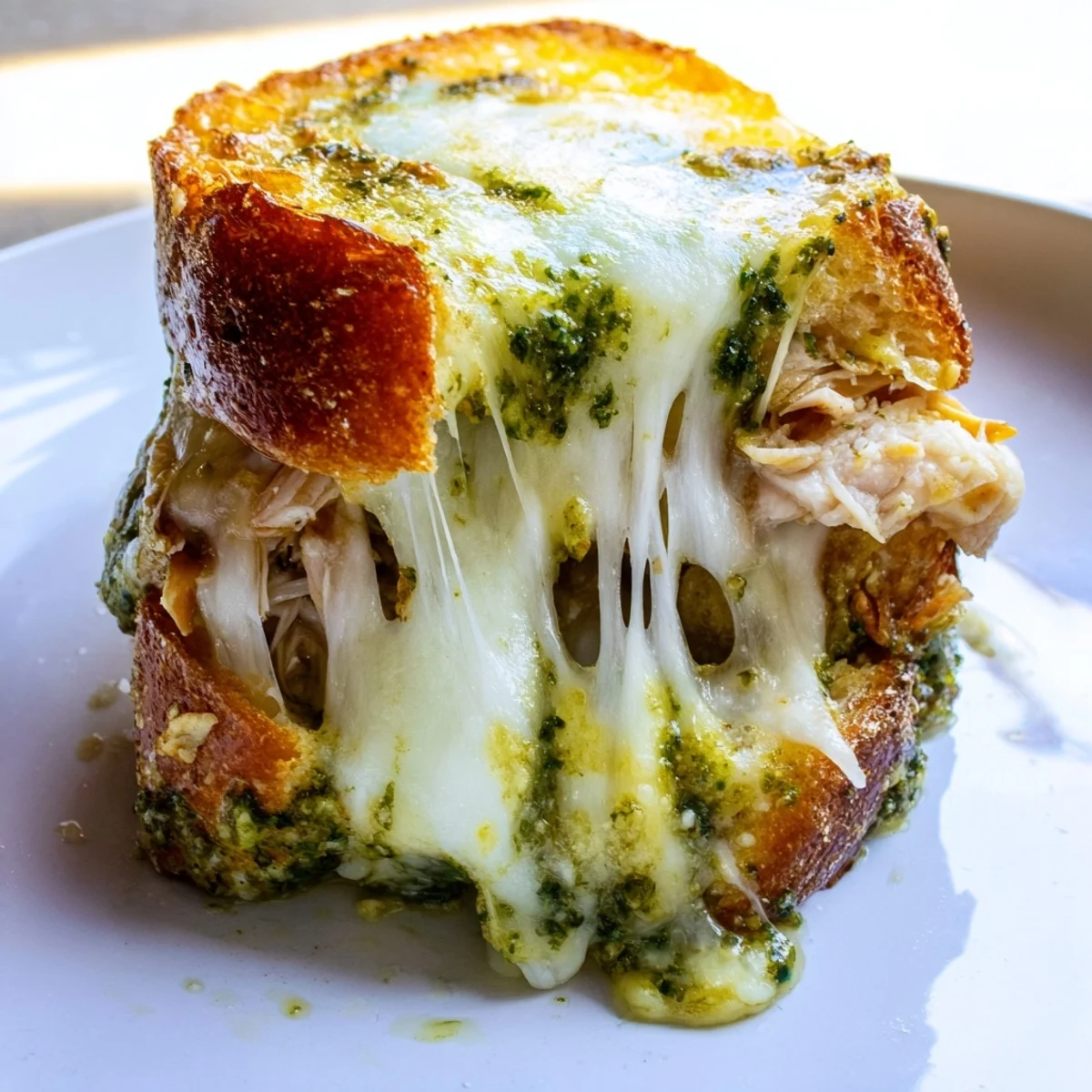 Sliced in half, the Mozzarella Pesto Chicken Grilled Cheese reveals a steamy, savory interior of vibrant green pesto and gooey mozzarella on chicken.