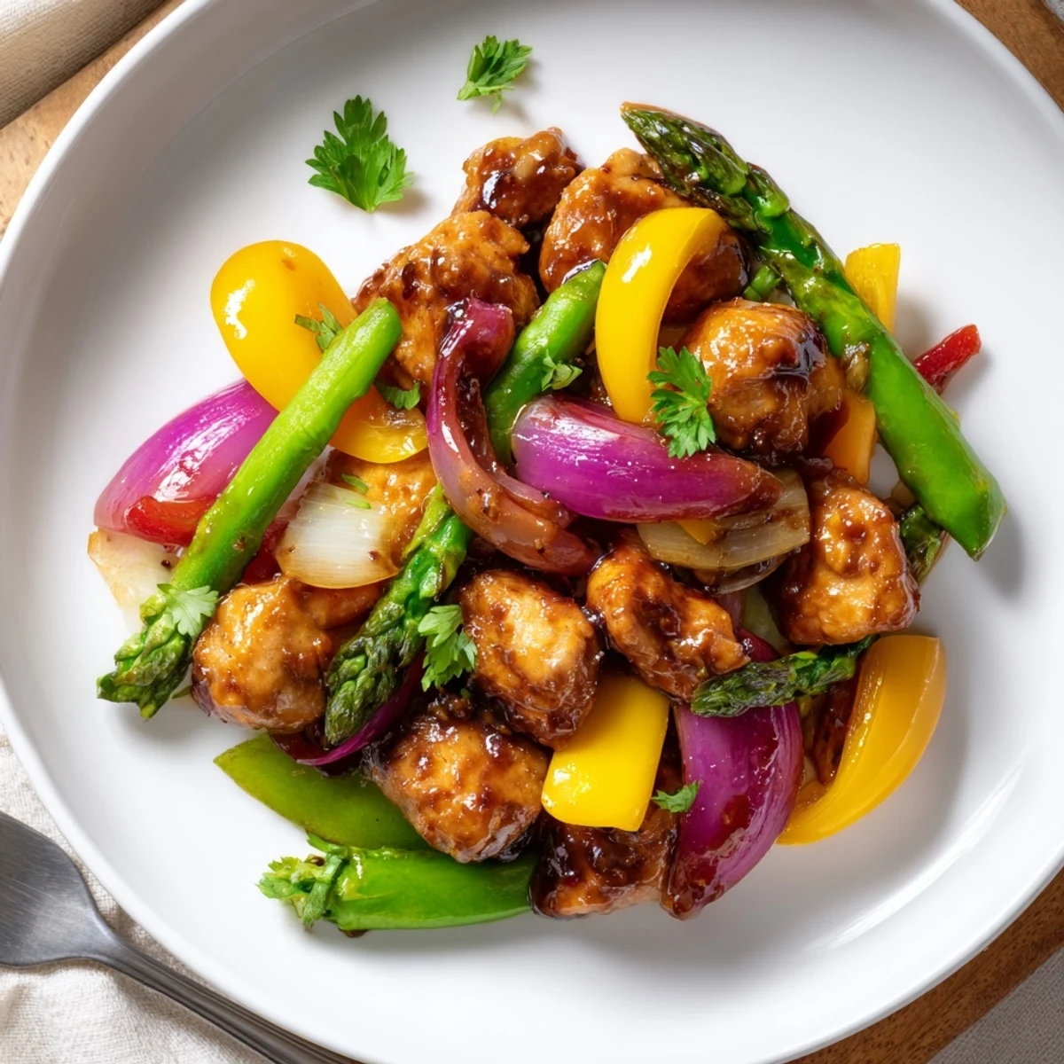 Golden-brown chicken pieces and vibrant spring vegetables glisten with a sticky honey garlic sauce on a sheet pan, garnished with fresh parsley and sesame seeds.  
