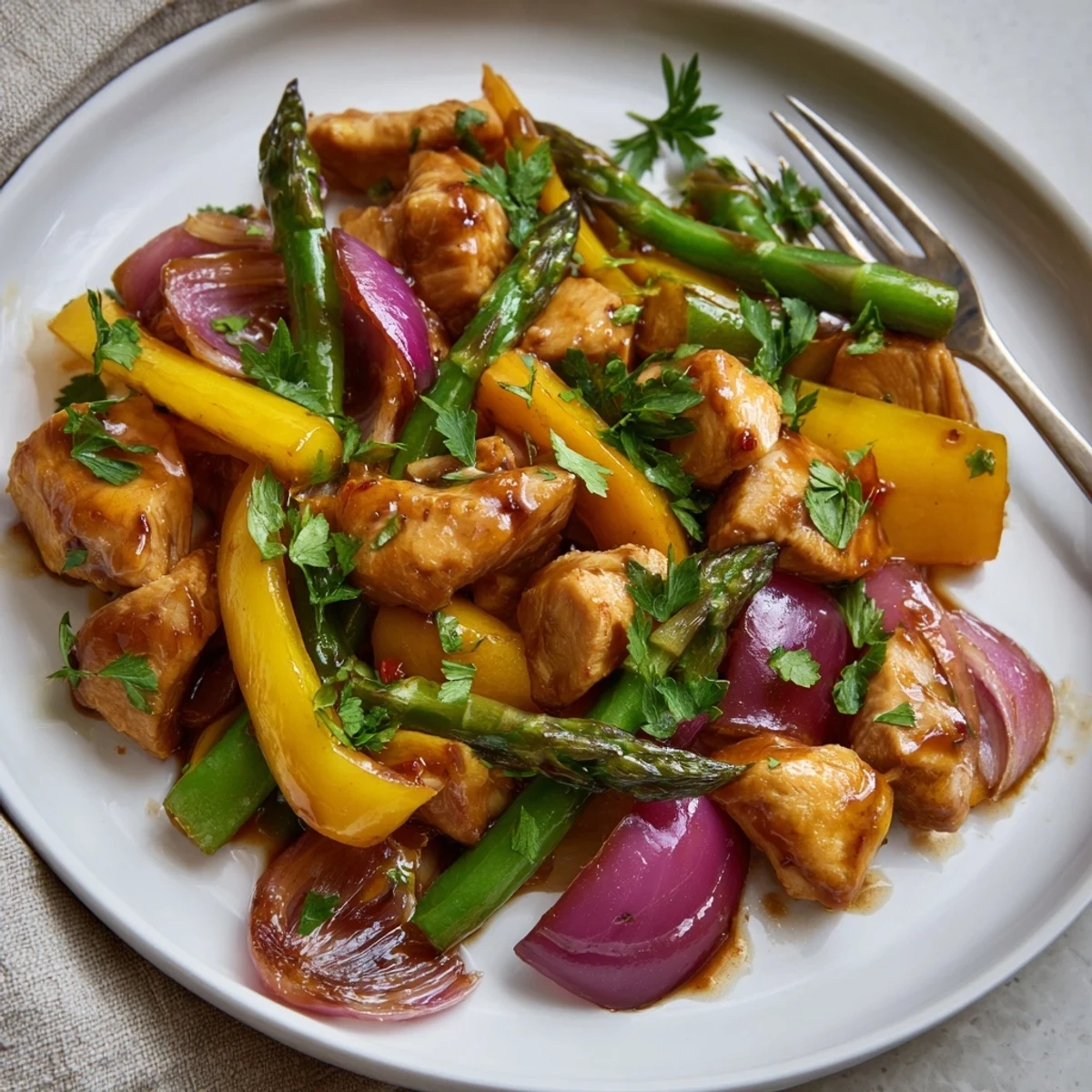 Sheet Pan Honey Garlic Chicken & Veg plated with bright asparagus, bell peppers, and snap peas, showcasing a glossy, sweet-savory glaze.