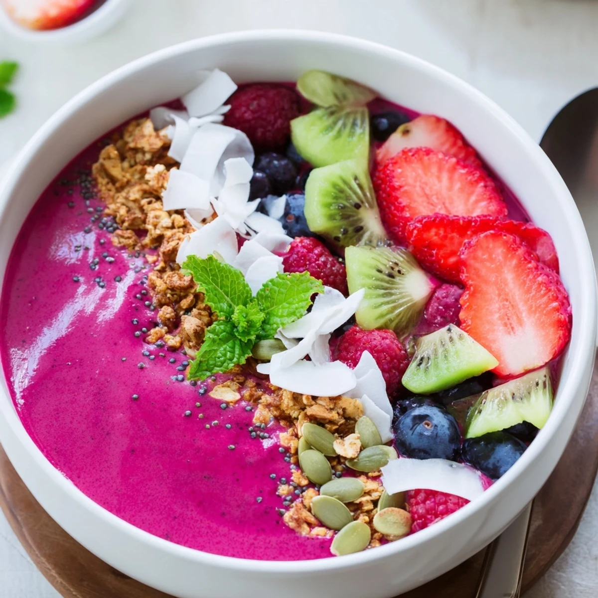 Bright purple smoothie bowl with Beet and Berry Smoothie Bowl, topped with granola, sliced kiwi, fresh berries, and mint leaves.  