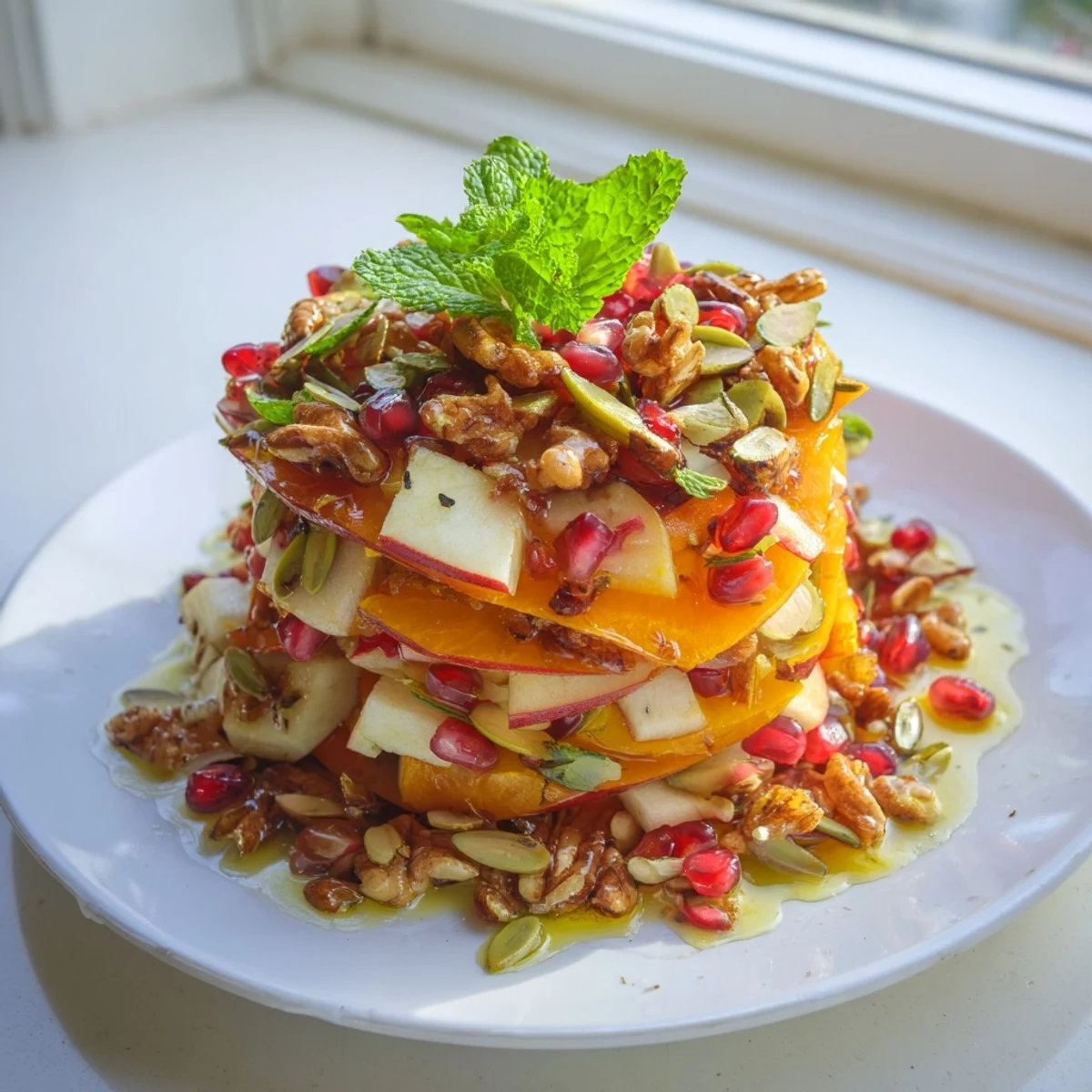 A close-up of the vibrant Pomegranate and Walnut Salad shows fresh mint garnish and pumpkin seeds on a rustic serving bowl.