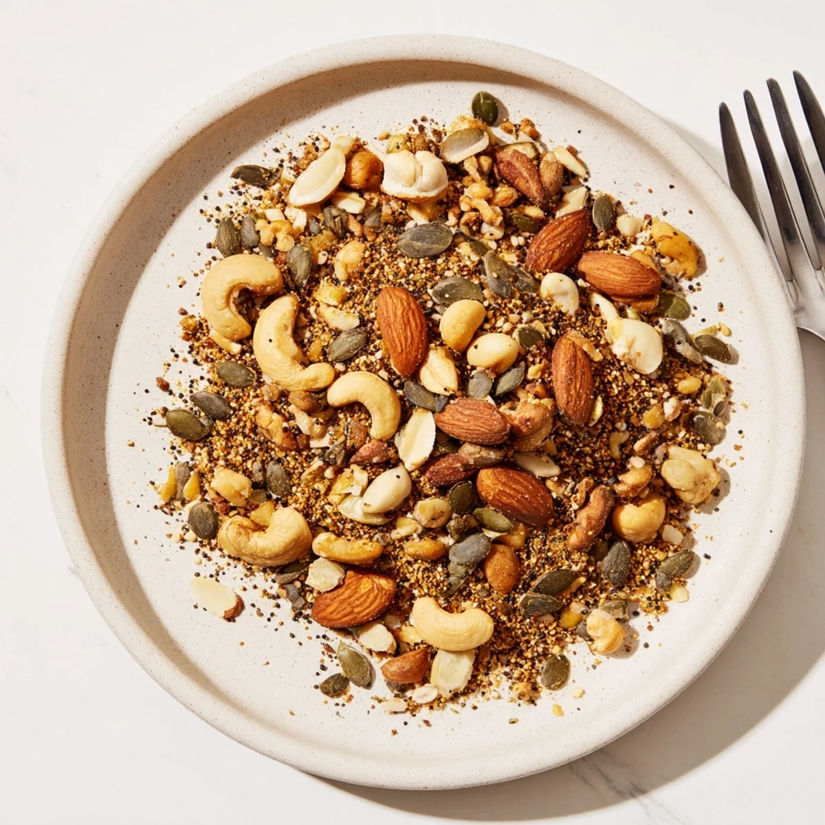 Golden-brown Spiced Nuts and Seeds Mix with turmeric, cinnamon, and smoked paprika on a parchment-lined tray.