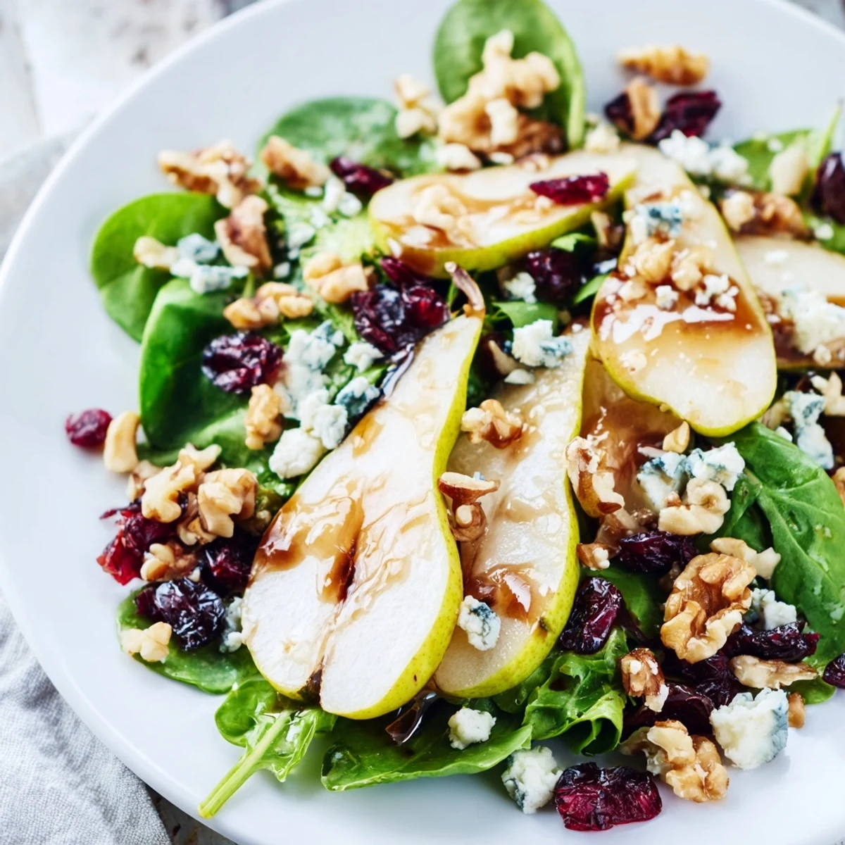 Plated pear Gorgonzola salad with arugula, walnuts, and cranberries, ideal as a light vegetarian meal or starter.