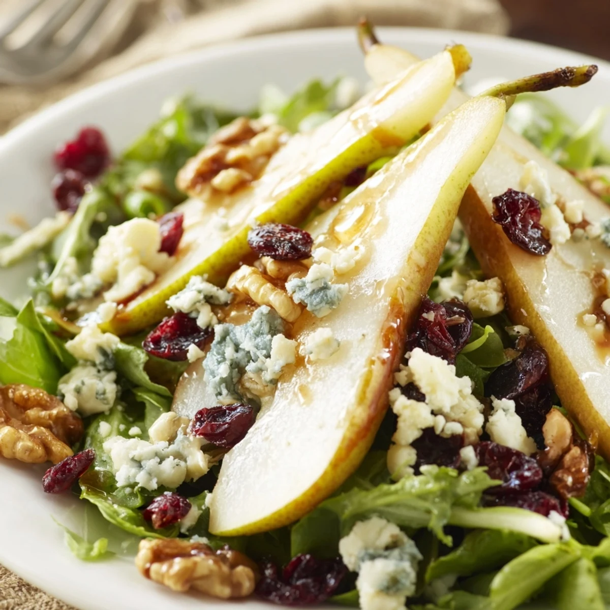 Freshly prepared pear Gorgonzola salad featuring juicy pear slices, tangy blue cheese, and a honey-balsamic vinaigrette drizzle.  
