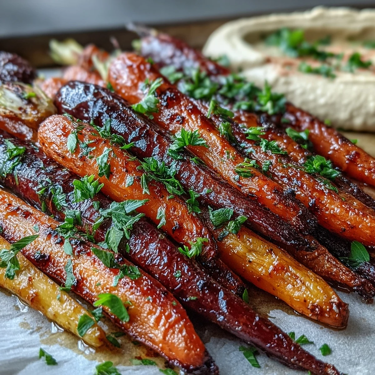 Oven-roasted rainbow carrots with creamy hummus, a colorful and savory Mediterranean appetizer.