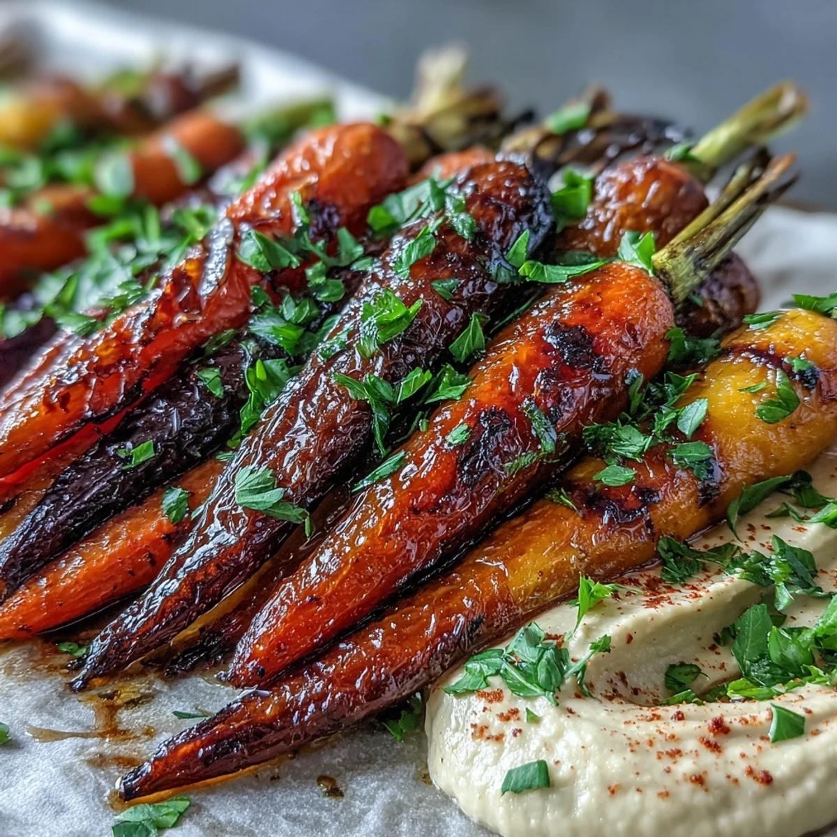Freshly roasted rainbow carrots and homemade tahini hummus, a healthy vegan snack.
