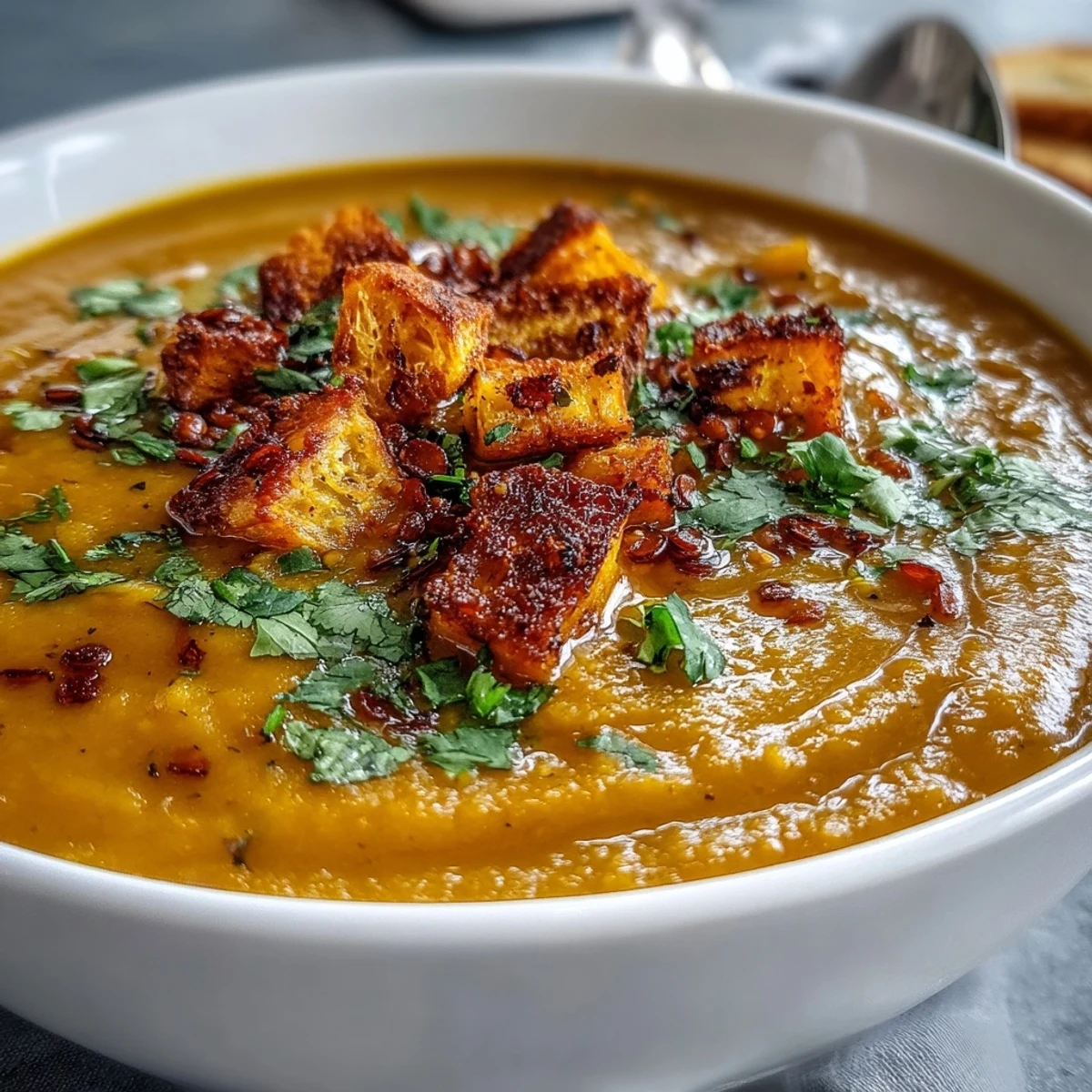 Golden, creamy Butternut Squash and Lentil Soup garnished with fresh cilantro and a lemon wedge.